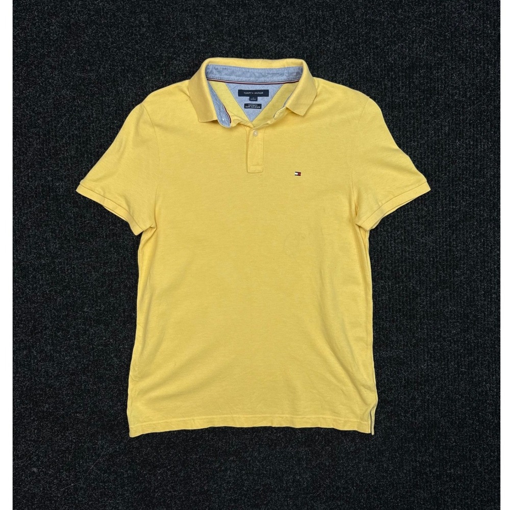Tommy Hilfiger Mens Custom Fit Short Sleeve Polo Shirt Yellow Cotton Size Medium
